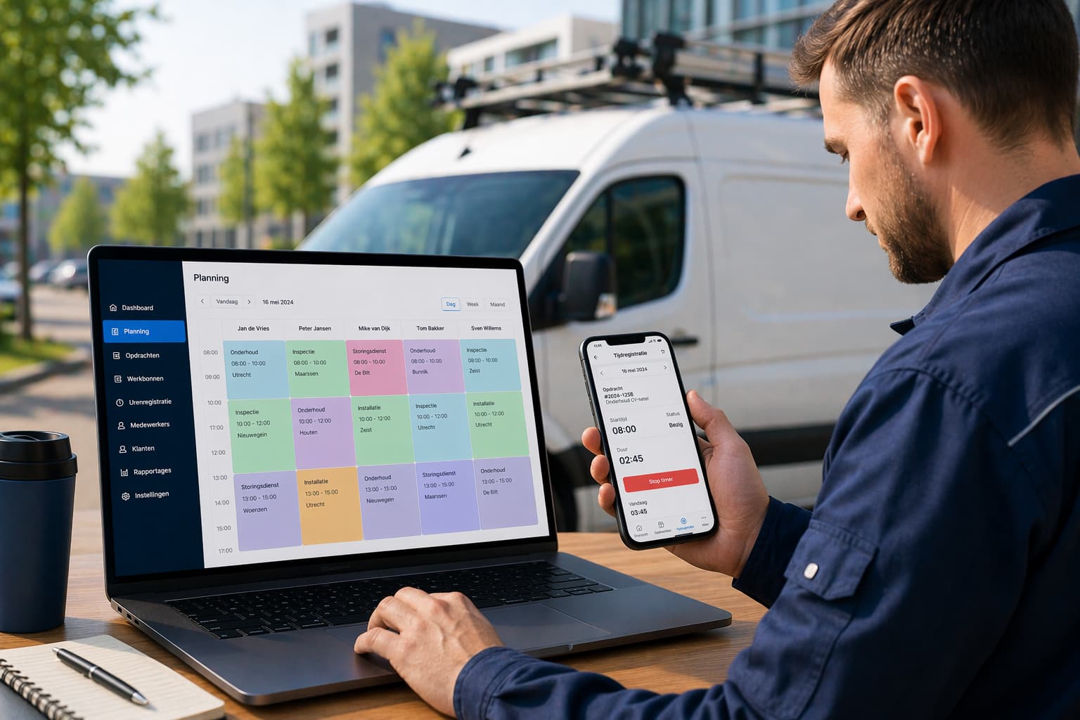 CumulX in actie - Monteur gebruikt de back-office planning op laptop en de field app op mobiel